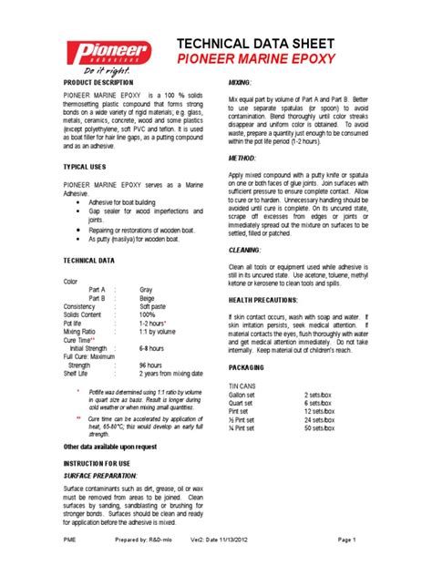 pioneer epoxy technical data sheet